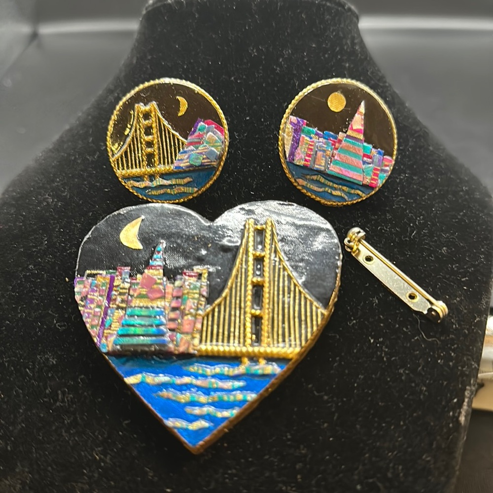 Vintage Artisan (Katrina) Crafted Earrings and Brooch Set. Flaw!